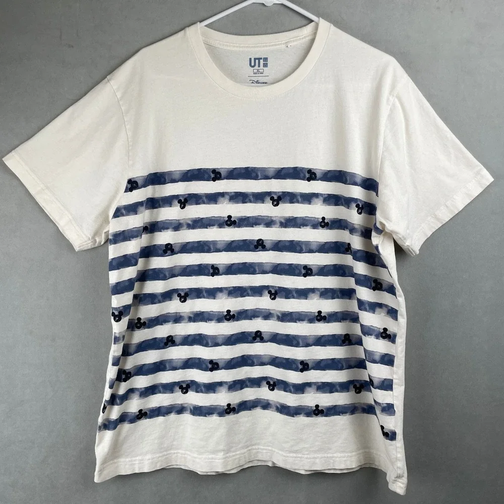 UNIQLO Disney Mickey Mouse Striped TShirt XL Blue White Cotton Graphic Tee Vacay